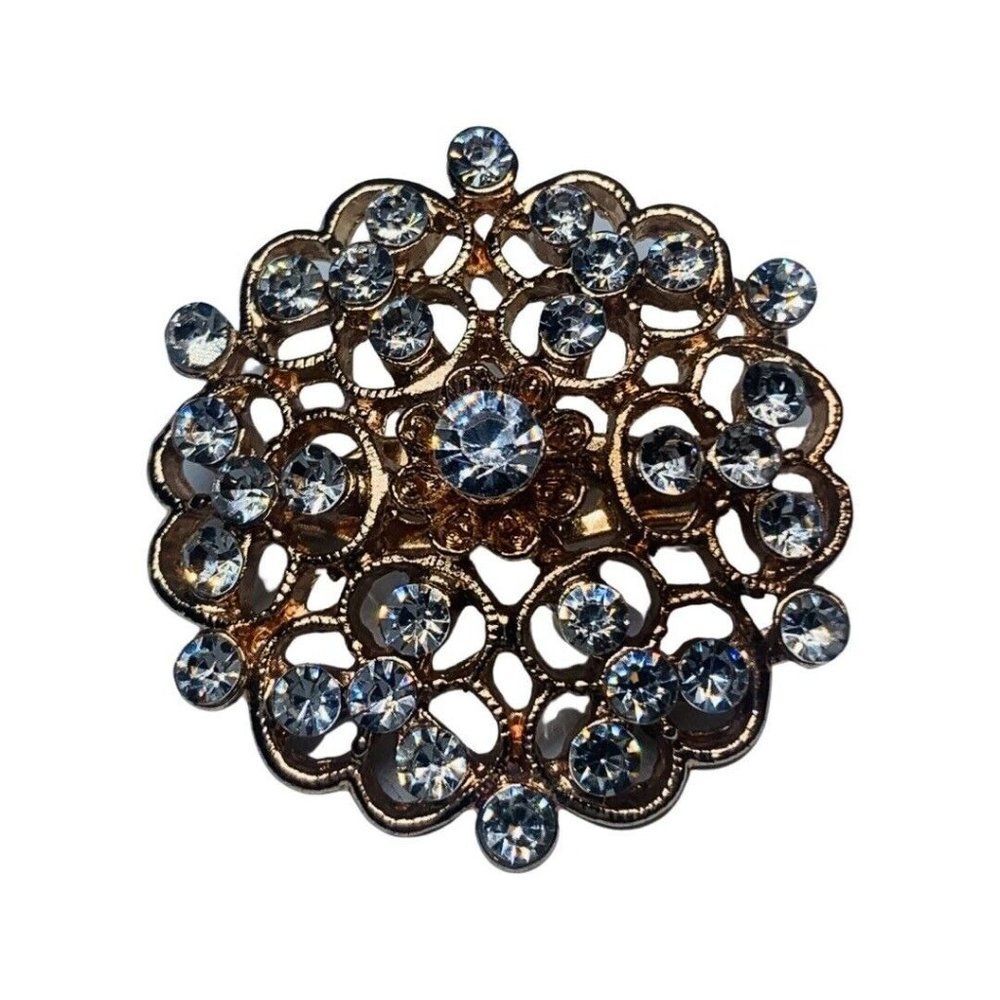 Shimmering Clear  Rhinestone Bling Flower Vintage Gold Tone Brooch Pin 1”